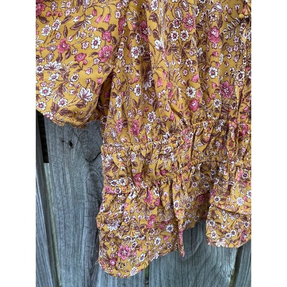 Liberty Love Mustard Yellow Floral Smocked Ruffle Crop Top Small Boho Keyhole - Picture 2 of 6